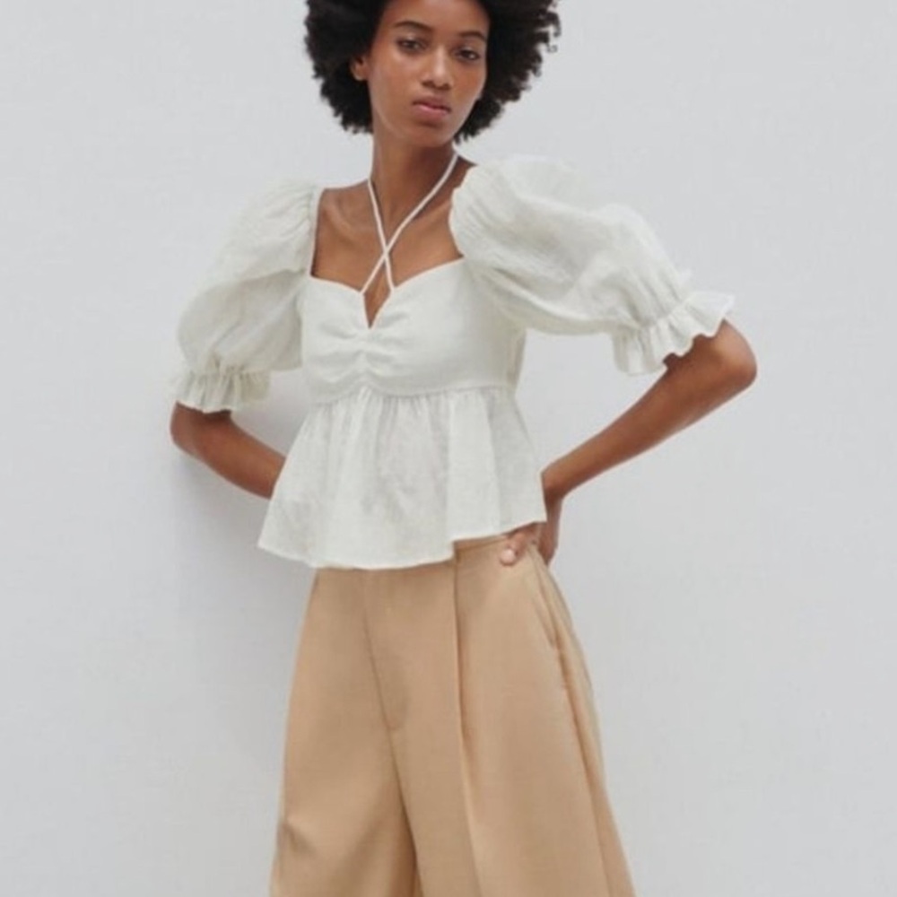 Zara White Puff Sleeve Crop Blouse